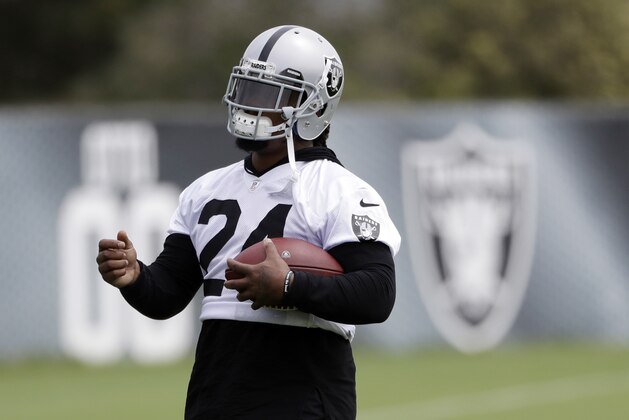 Oakland Raiders running back Marshawn Lynch (24) during the team's organized team activity at its NFL football training facility Tuesday, May 30, 2017, in Alameda, Calif. (AP Photo/Marcio Jose Sanchez) Oakland Raiders running back Marshawn Lynch (24) during the team's organized team activity at its NFL football training facility Tuesday, May 30, 2017, in Alameda, Calif. (AP Photo/Marcio Jose Sanchez)