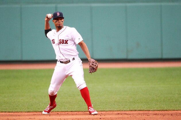 BOSTON, MA - JUNE 29:  Xander Bogaerts #2 of the Boston Red Sox throws to first base in the first inning of a game against the Minnesota Twins at Fenway Park on June 29, 2017 in Boston, Massachusetts.  (Photo by Adam Glanzman/Getty Images)