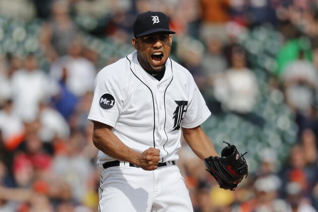 Detroit Tigers relief pitcher Francisco Rodriguez reacts to the final out in the ninth inning of a baseball game against the Boston Red Sox in Detroit, Monday, April 10, 2017. Detroit won 2-1. (AP Photo/Paul Sancya)