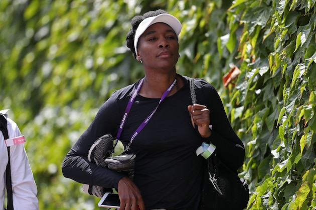 US player Venus Williams arrives to attend a practice session on the eleventh day of the 2017 Wimbledon Championships at The All England Lawn Tennis Club in Wimbledon, southwest London, on July 14, 2017, on the eve of her women's final match against Spain's Garbine Muguruza. / AFP PHOTO / Daniel LEAL-OLIVAS / RESTRICTED TO EDITORIAL USE        (Photo credit should read DANIEL LEAL-OLIVAS/AFP/Getty Images)
