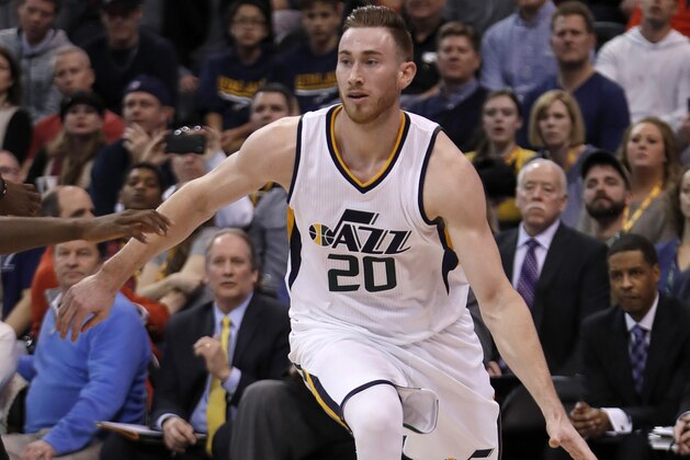 Utah Jazz forward Gordon Hayward (20) dribbles to the basket during the second half at an NBA basketball game against the Charlotte Hornets, Saturday, Feb. 4, 2017, in Salt Lake City. The Jazz defeated the Hornets 105-98. (AP Photo/George Frey)