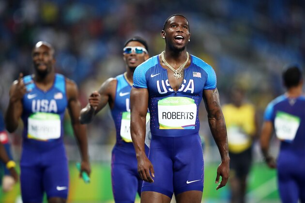RIO DE JANEIRO, BRAZIL - AUGUST 20:  Gil Roberts of the United States reacts after winning gold in the Men's 4 x 400 meter Relay on Day 15 of the Rio 2016 Olympic Games at the Olympic Stadium on August 20, 2016 in Rio de Janeiro, Brazil.  (Photo by Cameron Spencer/Getty Images)