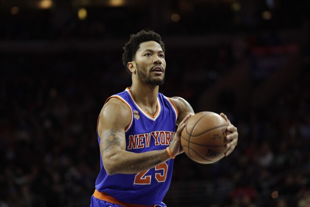 New York Knicks' Derrick Rose in action during an NBA basketball game against the Philadelphia 76ers, Friday, March 3, 2017, in Philadelphia. (AP Photo/Matt Slocum)
