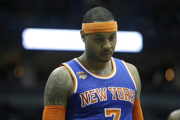 New York Knicks' Carmelo Anthony during the second half of an NBA basketball game against the Milwaukee Bucks Wednesday, March 8, 2017, in Milwaukee. (AP Photo/Aaron Gash)