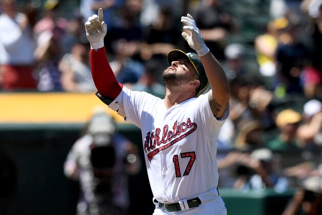 OAKLAND, CA - JULY 04:  Yonder Alonso #17 of the Oakland Athletics celebrates after he hit a two-run homer against the Chicago White Sox in the bottom of the fifth inning at Oakland Alameda Coliseum on July 4, 2017 in Oakland, California.  (Photo by Thearon W. Henderson/Getty Images)