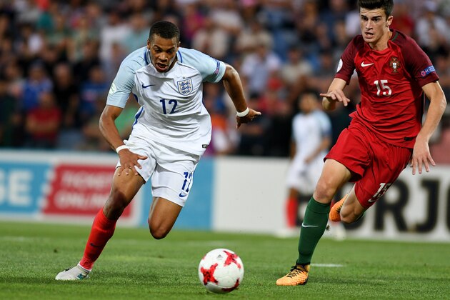 TBILISI, GEORGIA - JULY 15:  Lukas Nmecha of England and Joao Queiro in Portugal in action during the UEFA European Under-19 Championship Final between England and Portugal on July 15, 2017 in Gori, Georgia.  (Photo by Levan Verdzeuli/Getty Images)