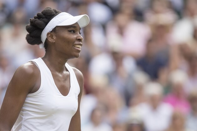 Jul 13, 2017; London, United Kingdom; Venus Williams (USA) reacts during her match against Johanna Konta (GBR) on day ten at the All England Lawn Tennis and Croquet Club. Mandatory Credit: Susan Mullane-USA TODAY Sports