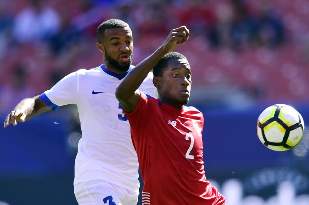 Jul 15, 2017; Cleveland, OH, USA; Martinique's Antione Jean Baptiste (3) in action against Panama's Michael Murillo (2) in the first half at FirstEnergy Stadium. Mandatory Credit: David Richard-USA TODAY Sports