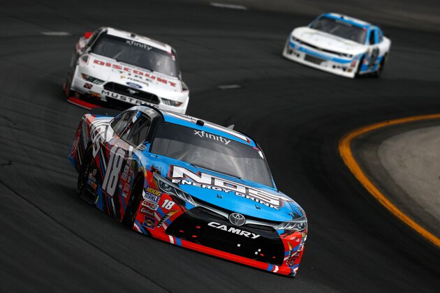 LOUDON, NH - JULY 15:  Kyle Busch, driver of the #18 NOS Energy Drink Toyota, leads Brad Keselowski, driver of the #22 Discount Tire Ford, during the NASCAR XFINITY Series Overton's 200 at New Hampshire Motor Speedway on July 15, 2017 in Loudon, New Hampshire.  (Photo by Jeff Zelevansky/Getty Images)