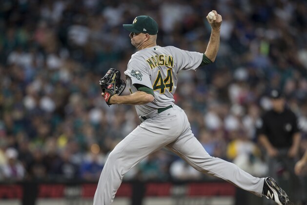 SEATTLE, WA - JULY 8: Reliever Ryan Madson #44 of the Oakland Athletics delivers a pitch during a game against the Seattle Mariners at Safeco Field on July 8, 2017 in Seattle, Washington. The Athletics won the game 4-3. (Photo by Stephen Brashear/Getty Images)