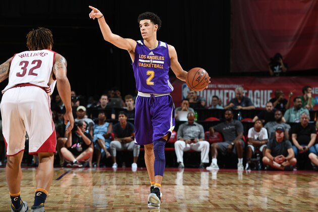 LAS VEGAS, NV - JULY 13: Lonzo Ball #2 of the Los Angeles Lakers handles the ball against the Cleveland Cavaliers on July 13, 2017 at the Thomas & Mack Center in Las Vegas, Nevada. NOTE TO USER: User expressly acknowledges and agrees that, by downloading and/or using this Photograph, user is consenting to the terms and conditions of the Getty Images License Agreement. Mandatory Copyright Notice: Copyright 2017 NBAE (Photo by Garrett Ellwood/NBAE via Getty Images) LAS VEGAS, NV - JULY 13: Lonzo Ball #2 of the Los Angeles Lakers handles the ball against the Cleveland Cavaliers on July 13, 2017 at the Thomas & Mack Center in Las Vegas, Nevada. NOTE TO USER: User expressly acknowledges and agrees that, by downloading and/or using this Photograph, user is consenting to the terms and conditions of the Getty Images License Agreement. Mandatory Copyright Notice: Copyright 2017 NBAE (Photo by Garrett Ellwood/NBAE via Getty Images)