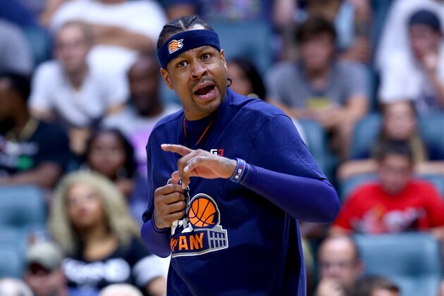 TULSA, OK - JULY 09:  Allen Iverson #3 of 3s Company reacts during the game against the Trilogy during week three of the BIG3 three on three basketball league at BOK Center on July 9, 2017 in Tulsa, Oklahoma.  (Photo by Ronald Martinez/BIG3/Getty Images)