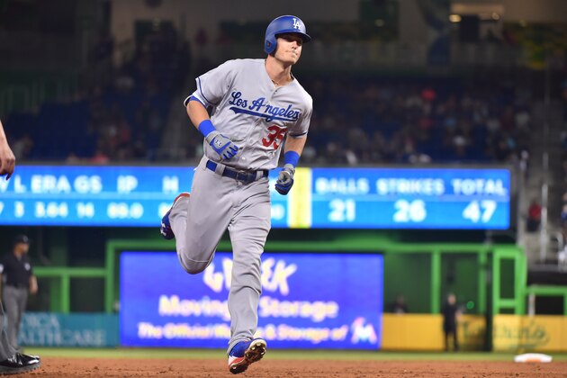 MIAMI, FL - JULY 15: Cody Bellinger #35 of the Los Angeles Dodgers rounds the bases after hitting a home run in the third inning against the Miami Marlins at Marlins Park on July 15, 2017 in Miami, Florida. (Photo by Eric Espada/Getty Images)