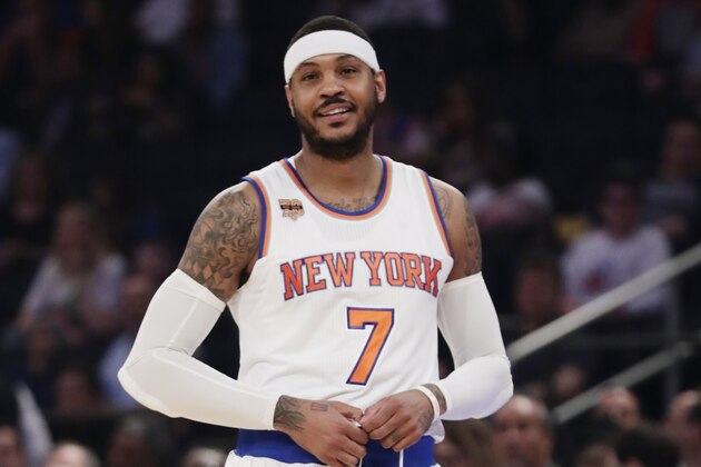 New York Knicks' Carmelo Anthony (7) reacts to a call during the first half of an NBA basketball game against the Philadelphia 76ers, Wednesday, April 12, 2017, in New York. (AP Photo/Frank Franklin II) New York Knicks' Carmelo Anthony (7) reacts to a call during the first half of an NBA basketball game against the Philadelphia 76ers, Wednesday, April 12, 2017, in New York. (AP Photo/Frank Franklin II)