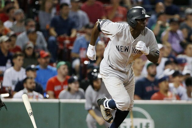 New York Yankees' Didi Gregorius runs on his RBI single during the 16th inning of the team's baseball game against the Boston Red Sox in Boston, Saturday, July 15, 2017. (AP Photo/Michael Dwyer)
