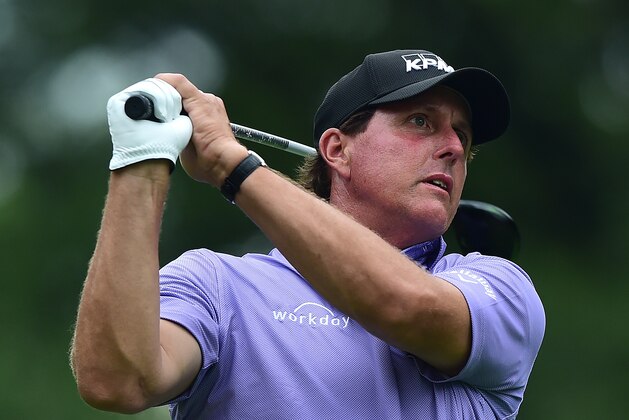 WHITE SULPHUR SPRINGS, WV - JULY 07:  Phil Mickelson tees off the 14th hole during round two of The Greenbrier Classic held at the Old White TPC on July 7, 2017 in White Sulphur Springs, West Virginia.  (Photo by Jared C. Tilton/Getty Images)