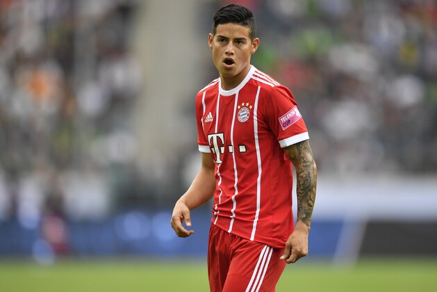 Bayern's James Rodriguez watches during the Telekom Cup soccer final between Bayern Munich and Werder Bremen at the Borussia Park in Moenchengladbach, Saturday, July 15, 2017. Bayern defeated Bremen with 2-0. (AP Photo/Martin Meissner)