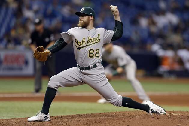 Oakland Athletics relief pitcher Sean Doolittle during the eighth inning of the second game of a baseball doubleheader against the Tampa Bay Rays Saturday, June 10, 2017, in St. Petersburg, Fla. (AP Photo/Chris O'Meara)