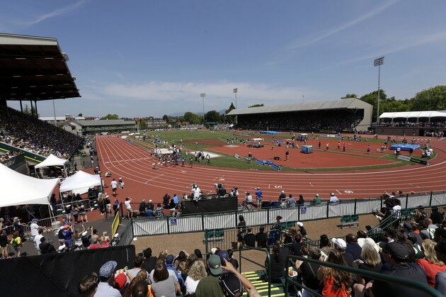 Hayward Field is viewed during the Prefontaine Classic track and field meet in Eugene, Ore., Saturday, May 30, 2015. (AP Photo/Don Ryan)