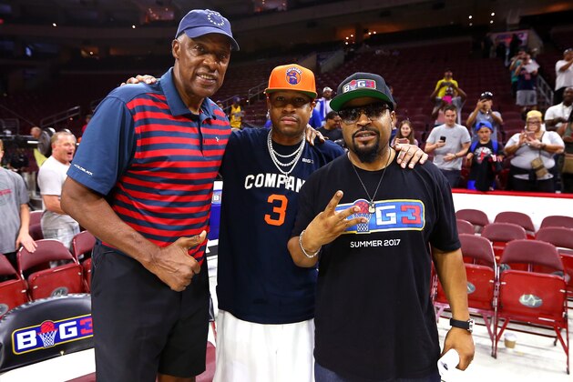 PHILADELPHIA, PA - JULY 16: Coach Julius 'Dr. J' Erving of Tri-State, Allen Iverson #3 of 3's Company and founder Ice Cube pose during week four of the BIG3 three on three basketball league at Wells Fargo Center on July 16, 2017 in Philadelphia, Pennsylvania.  (Photo by Mitchell Leff/BIG3/Getty Images)