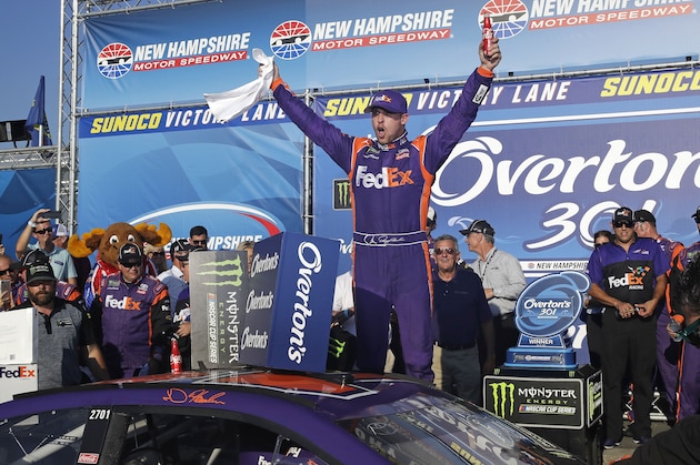 Driver Denny Hamlin celebrates after winning the NASCAR Cup Series 301 auto race at New Hampshire Motor Speedway in Loudon, N.H., Sunday, July 16, 2017. (AP Photo/Charles Krupa) Driver Denny Hamlin celebrates after winning the NASCAR Cup Series 301 auto race at New Hampshire Motor Speedway in Loudon, N.H., Sunday, July 16, 2017. (AP Photo/Charles Krupa)