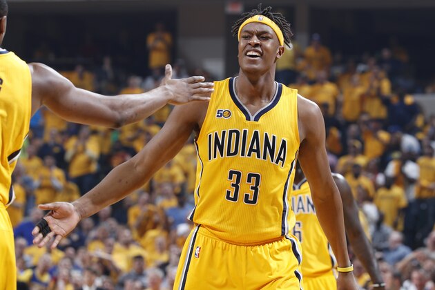 INDIANAPOLIS, IN - APRIL 20: Myles Turner #33 of the Indiana Pacers reacts in the second quarter of Game Three of the Eastern Conference Quarterfinals during the 2017 NBA Playoffs against the Cleveland Cavaliers at Bankers Life Fieldhouse on April 20, 2017 in Indianapolis, Indiana. NOTE TO USER: User expressly acknowledges and agrees that, by downloading and or using the photograph, User is consenting to the terms and conditions of the Getty Images License Agreement. (Photo by Joe Robbins/Getty Images)