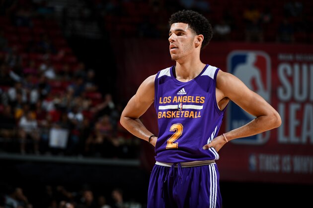 LAS VEGAS, NV - JULY 16: Lonzo Ball #2 of the Los Angeles Lakers looks on during the game against the Dallas Mavericks during the 2017 Summer League Semifinals on July 16, 2017 at the Thomas & Mack Center in Las Vegas, Nevada. NOTE TO USER: User expressly acknowledges and agrees that, by downloading and/or using this Photograph, user is consenting to the terms and conditions of the Getty Images License Agreement. Mandatory Copyright Notice: Copyright 2017 NBAE (Photo by Garrett Ellwood/NBAE via Getty Images)