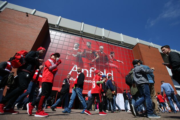 LIVERPOOL, ENGLAND - MAY 07:  General view outside the stadium as fans arrive prior to the Premier League match between Liverpool and Southampton at Anfield on May 7, 2017 in Liverpool, England.  (Photo by Alex Livesey/Getty Images)