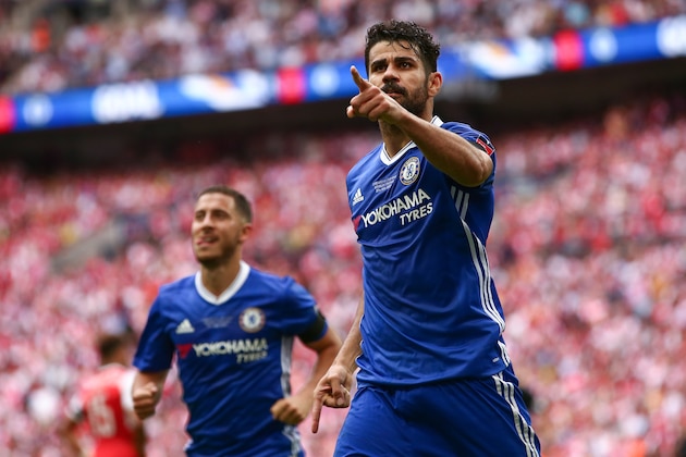 LONDON, ENGLAND - MAY 27:  Diego Costa of Chelsea celebrates after scoring a goal to make it 1-1 during the Emirates FA Cup Final match between Arsenal and Chelsea at Wembley Stadium on May 27, 2017 in London, England. (Photo by Robbie Jay Barratt - AMA/Getty Images)