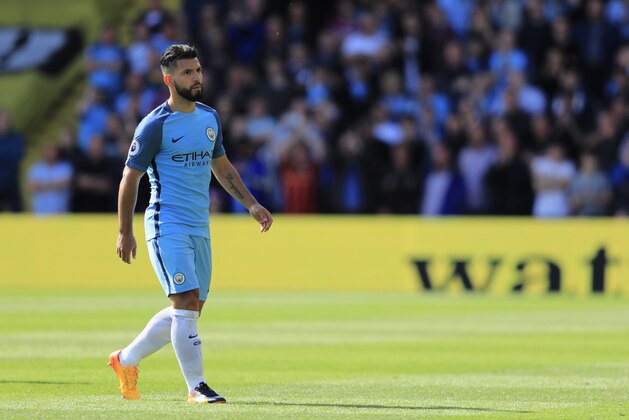 WATFORD, ENGLAND - MAY 21: Sergio Aguero of Manchester City looks on during the Premier League match between Watford and Manchester City at Vicarage Road on May 21, 2017 in Watford, England.  (Photo by Richard Heathcote/Getty Images)