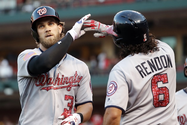 Washington Nationals' Bryce Harper, left, is congratulated by teammate Anthony Rendon (6) after hitting a two-run home run during the third inning of a baseball game against the St. Louis Cardinals Sunday, July 2, 2017, in St. Louis. (AP Photo/Jeff Roberson)