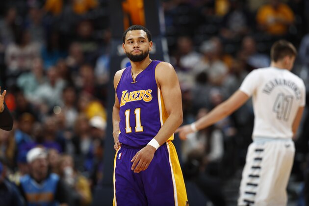Los Angeles Lakers guard Tyler Ennis (11) in the second half of an NBA basketball game Monday, March 13, 2017, in Denver. The Nuggets won 129-101. (AP Photo/David Zalubowski)