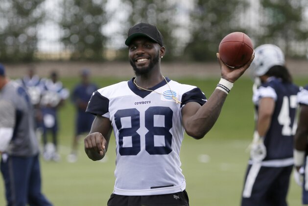 Dallas Cowboys wide receiver Dez Bryant (88) smiles as he jokes with teammates during an NFL football practice at the team's training facility, Tuesday, June 13, 2017, in Frisco, Texas. (AP Photo/Tony Gutierrez)