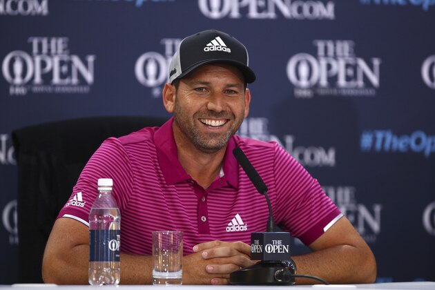Sergio Garcia of Spain talks to the media during a press conference on the second practice day at the British Open Golf Championship at Royal Birkdale in Southport, England, Monday, July 17, 2017. (AP Photo/Dave Thompson)