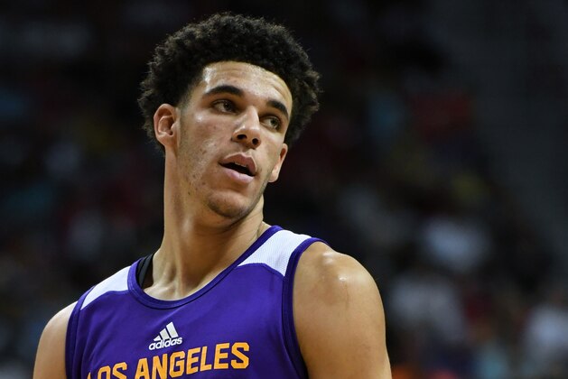 LAS VEGAS, NV - JULY 16:  Lonzo Ball #2 of the Los Angeles Lakers stands on the court during a semifinal game of the 2017 Summer League against the Dallas Mavericks at the Thomas & Mack Center on July 16, 2017 in Las Vegas, Nevada. Los Angeles won 108-98. NOTE TO USER: User expressly acknowledges and agrees that, by downloading and or using this photograph, User is consenting to the terms and conditions of the Getty Images License Agreement.  (Photo by Ethan Miller/Getty Images)