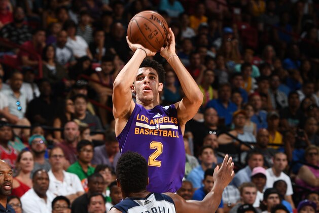 LAS VEGAS, NV - JULY 16: Lonzo Ball #2 of the Los Angeles Lakers shoots the ball against the Dallas Mavericks during the 2017 Summer League Semifinals on July 16, 2017 at the Thomas & Mack Center in Las Vegas, Nevada. NOTE TO USER: User expressly acknowledges and agrees that, by downloading and/or using this Photograph, user is consenting to the terms and conditions of the Getty Images License Agreement. Mandatory Copyright Notice: Copyright 2017 NBAE (Photo by Garrett Ellwood/NBAE via Getty Images)