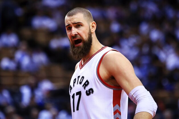 TORONTO, ON - MAY 05: Jonas Valanciunas #17 of the Toronto Raptors shouts to an official in the second half of Game Three of the Eastern Conference Semifinals against the Cleveland Cavaliers during the 2017 NBA Playoffs at Air Canada Centre on May 5, 2017 in Toronto, Canada. NOTE TO USER: User expressly acknowledges and agrees that, by downloading and or using this photograph, User is consenting to the terms and conditions of the Getty Images License Agreement. (Photo by Vaughn Ridley/Getty Images) TORONTO, ON - MAY 05: Jonas Valanciunas #17 of the Toronto Raptors shouts to an official in the second half of Game Three of the Eastern Conference Semifinals against the Cleveland Cavaliers during the 2017 NBA Playoffs at Air Canada Centre on May 5, 2017 in Toronto, Canada. NOTE TO USER: User expressly acknowledges and agrees that, by downloading and or using this photograph, User is consenting to the terms and conditions of the Getty Images License Agreement. (Photo by Vaughn Ridley/Getty Images)