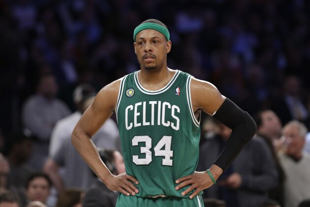 Boston Celtics forward Paul Pierce (34) reacts in the second half of Game 2 of their first-round NBA basketball playoff series against the New York Knicks in New York, Tuesday, April 23, 2013.  The Knicks defeated the Celtics  87-71 to go up 2-0 in their series. .(AP Photo/Kathy Willens)