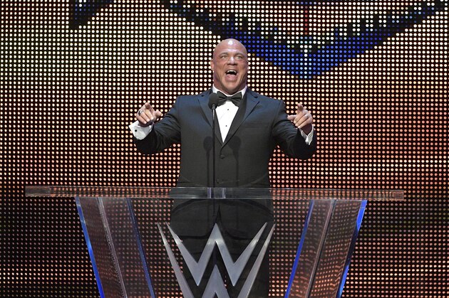 IMAGE DISTRIBUTED FOR WWE - Kurt Angle addresses the crowd after being inducted into the WWE Hall of Fame as part of the WrestleMania 33 weekend at a ceremony on Friday, March 31, 2017, in Orlando, Fla. (Phelan M. Ebenhack/AP Images for WWE)