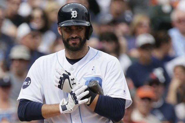 Detroit Tigers' J.D. Martinez adjusts his batting gloves during the first inning of a baseball game against the Tampa Bay Rays Saturday, June 17, 2017, in Detroit. (AP Photo/Duane Burleson)