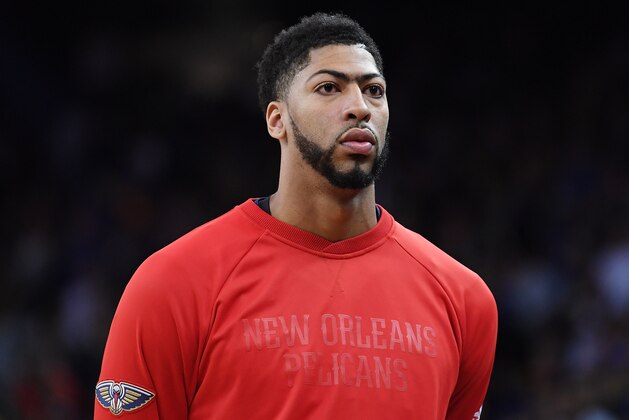 OAKLAND, CA - APRIL 08:  Anthony Davis #23 of the New Orleans Pelicans looks on against the Golden State Warriors during an NBA Basketball game at ORACLE Arena on April 8, 2017 in Oakland, California. NOTE TO USER: User expressly acknowledges and agrees that, by downloading and or using this photograph, User is consenting to the terms and conditions of the Getty Images License Agreement.  (Photo by Thearon W. Henderson/Getty Images)