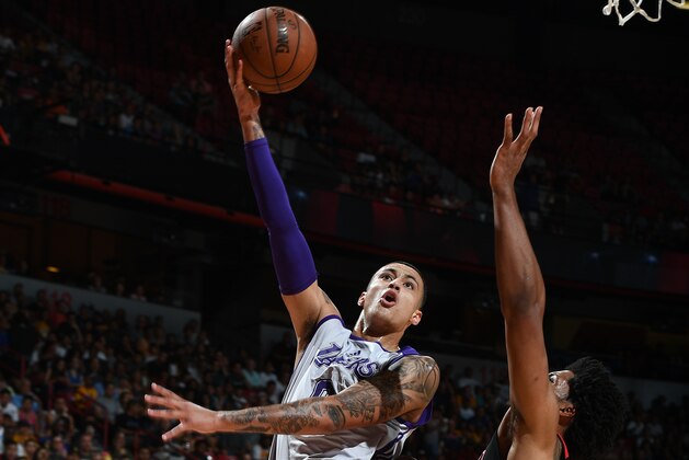 LAS VEGAS, NV - JULY 17: Kyle Kuzma #0 of the Los Angeles Lakers shoots the ball against the Portland Trail Blazers during the 2017 Summer League Finals on July 17, 2017 at the Thomas & Mack Center in Las Vegas, Nevada. NOTE TO USER: User expressly acknowledges and agrees that, by downloading and/or using this Photograph, user is consenting to the terms and conditions of the Getty Images License Agreement. Mandatory Copyright Notice: Copyright 2017 NBAE (Photo by Garrett Ellwood/NBAE via Getty Images) LAS VEGAS, NV - JULY 17: Kyle Kuzma #0 of the Los Angeles Lakers shoots the ball against the Portland Trail Blazers during the 2017 Summer League Finals on July 17, 2017 at the Thomas & Mack Center in Las Vegas, Nevada. NOTE TO USER: User expressly acknowledges and agrees that, by downloading and/or using this Photograph, user is consenting to the terms and conditions of the Getty Images License Agreement. Mandatory Copyright Notice: Copyright 2017 NBAE (Photo by Garrett Ellwood/NBAE via Getty Images)
