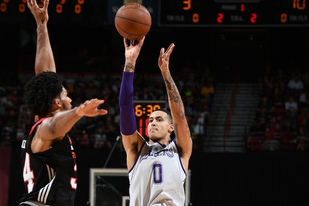 LAS VEGAS, NV - JULY 17: Kyle Kuzma #0 of the Los Angeles Lakers shoots the ball against the Portland Trail Blazers during the 2017 Summer League Finals on July 17, 2017 at the Thomas & Mack Center in Las Vegas, Nevada. NOTE TO USER: User expressly acknowledges and agrees that, by downloading and/or using this Photograph, user is consenting to the terms and conditions of the Getty Images License Agreement. Mandatory Copyright Notice: Copyright 2017 NBAE (Photo by Garrett Ellwood/NBAE via Getty Images)