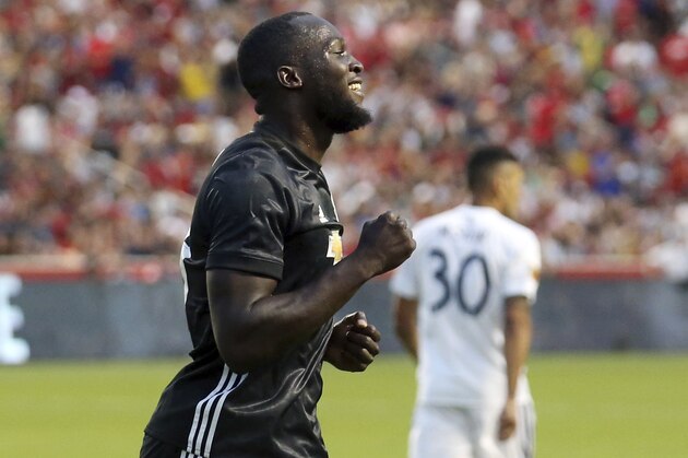 Manchester United forward Romelu Lukaku, celebrates after scoring against Real Salt Lake during the first half of a friendly soccer match Monday, July 17, 2017, in Sandy, Utah. (AP Photo/Rick Bowmer)