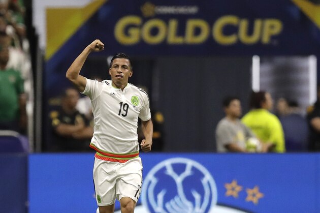Mexico's Angel Sepulveda (19) celebrates after he scored a goal against Curacao during a CONCACAF Gold Cup soccer match in San Antonio, Sunday, July 16, 2017. (AP Photo/Eric Gay)