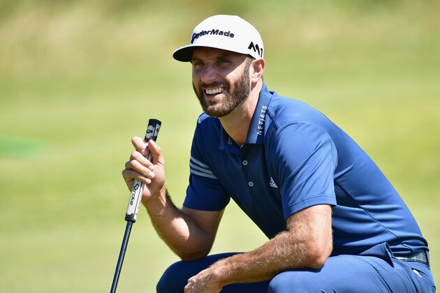 SOUTHPORT, ENGLAND - JULY 17:  Dustin Johnson of the United States smiles during a practice round prior to the 146th Open Championship at Royal Birkdale on July 17, 2017 in Southport, England.  (Photo by Stuart Franklin/Getty Images)