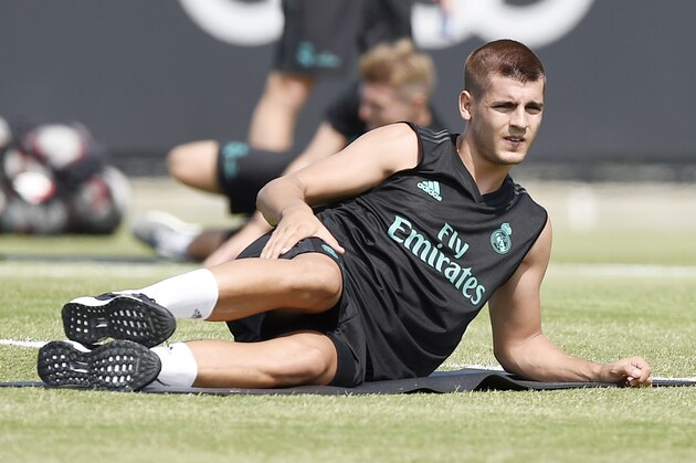 LOS ANGELES, CA - JULY 12: Alvaro Morata #21 of the Real Madrid stretches during training for Tour 2017 on the campus of UCLA July 12, 2017, in Los Angeles, California. (Photo by Kevork Djansezian/Getty Images)