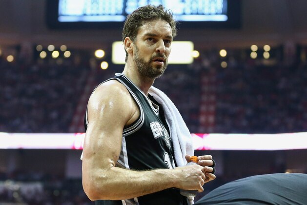 May 7, 2017; Houston, TX, USA; San Antonio Spurs center Pau Gasol (16) reacts in game four of the second round of the 2017 NBA Playoffs against the Houston Rockets at Toyota Center. Mandatory Credit: Troy Taormina-USA TODAY Sports
