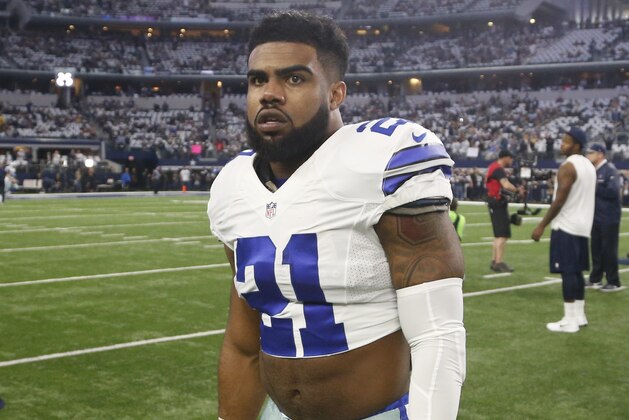 Dallas Cowboys' Ezekiel Elliott gets ready before an NFL divisional playoff football game against the Green Bay Packers Sunday, Jan. 15, 2017, in Arlington, Texas. (AP Photo/Michael Ainsworth)