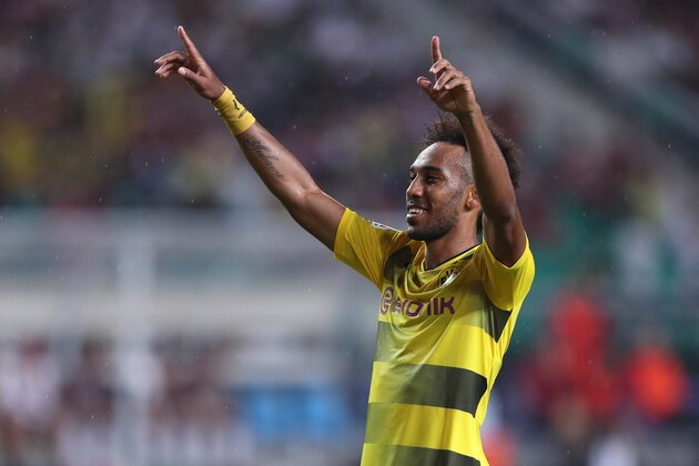 GUANGZHOU, CHINA - JULY 18:  #17 Pierre-Emerick Aubameyang of Dortmund celebrates his second goal during the 2017 International Champions Cup football match between AC Milan and Borussia Dortmund at University Town Sports Centre Stadium on July 18, 2017 in Guangzhou, China.  (Photo by Zhong Zhi/Getty Images)
